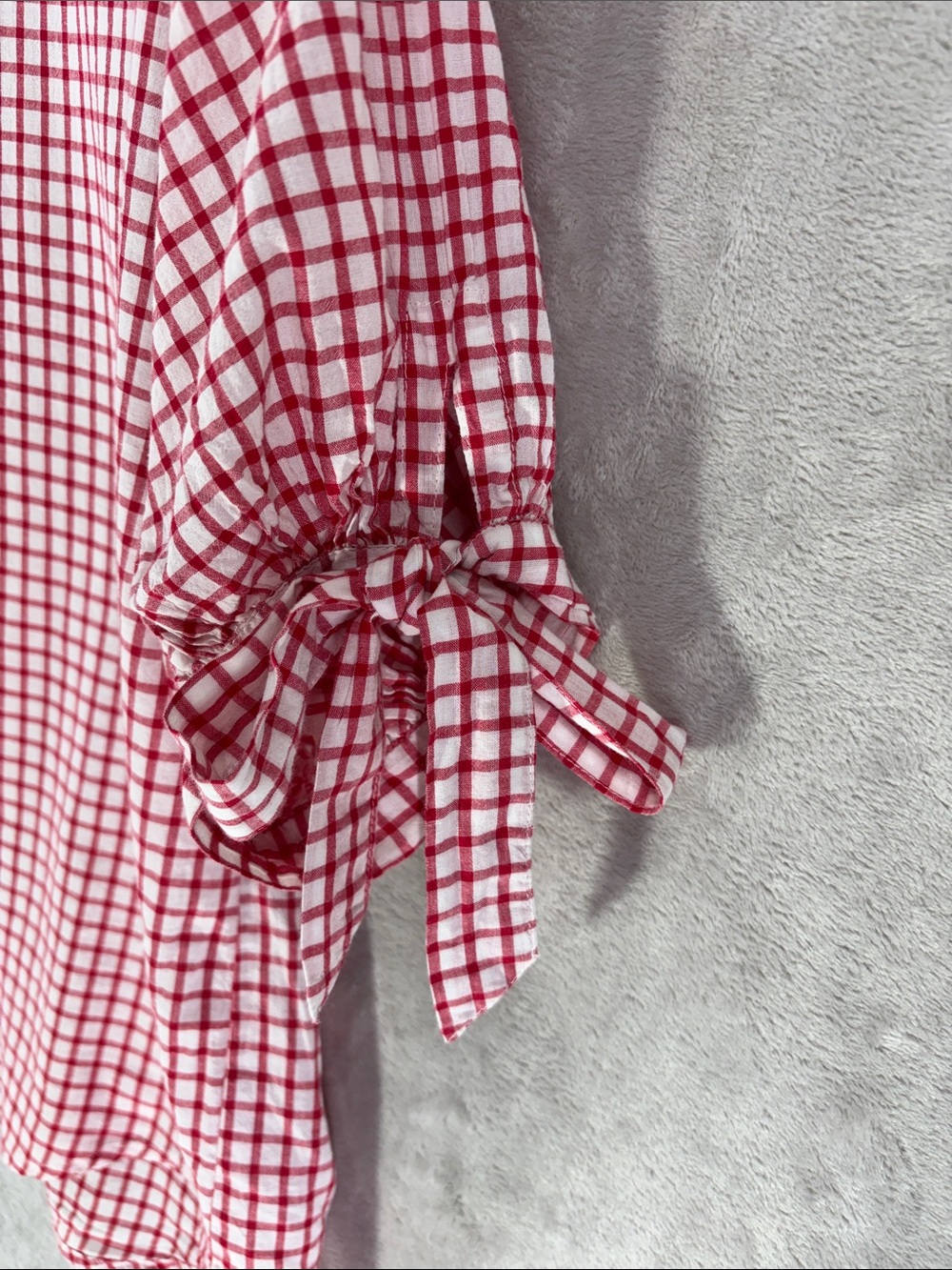 Velvet Red and White Cotton Gingham Button-Down Shirt with Tie Sleeves Size M - Picture 3 of 7